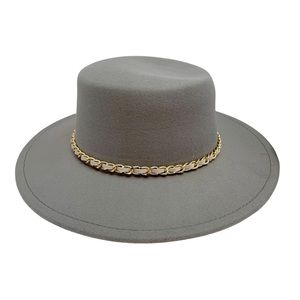 Wide Brim Stone Gray Felt Fedora with Gold Chain